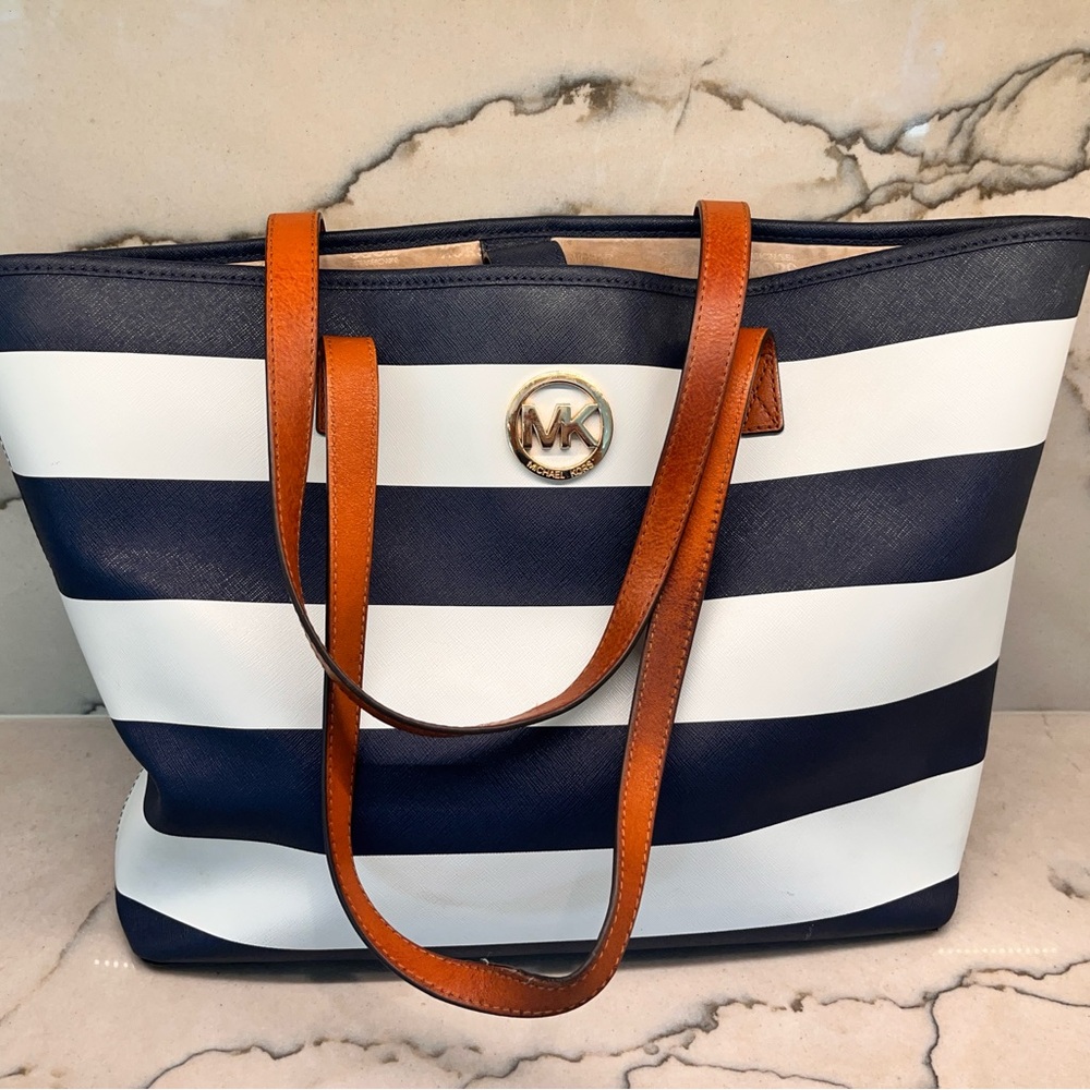 Michael Kors Striped Tote with Tan Handles